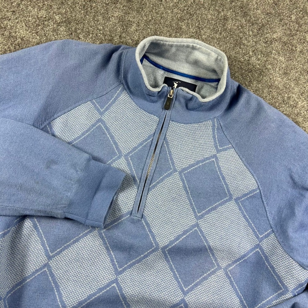 F&G Tech Sweater Mens XL Blue‎ 1/4 Zip Argyle Wool Cashmere Blend Lined Golf